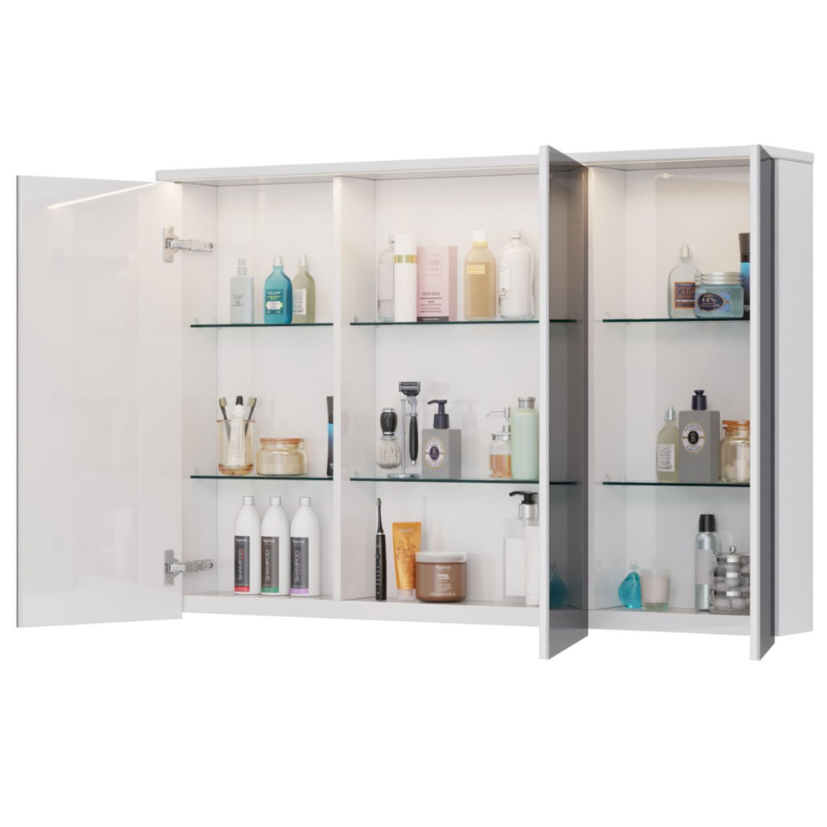 Шкаф зеркальный Lemark ZENON 120х80 см 3-х дверный, с козырьком-подсветкой, с розеткой, цвет корпуса: Белый глянец