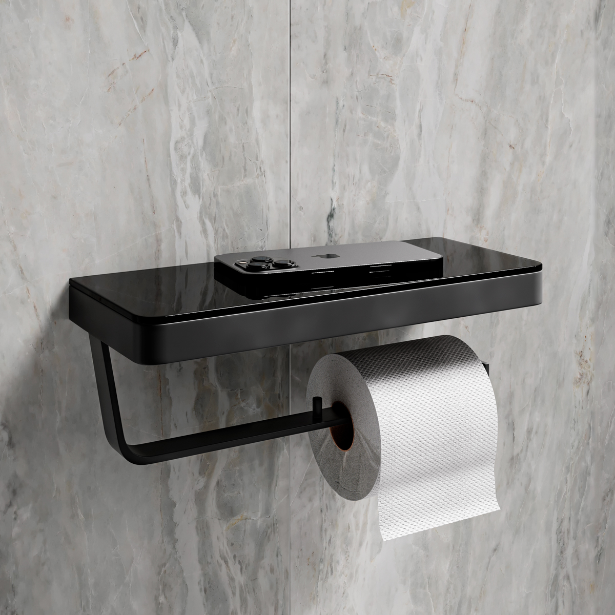 Двойной держатель для туалетной бумаги Lemark GLASS LINE с полкой, чёрный/черное стекло