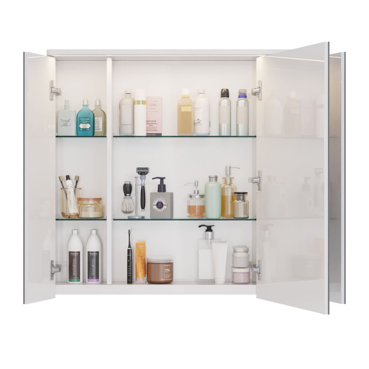 Шкаф зеркальный Lemark ZENON 90х80 см 3-х дверный, с козырьком-подсветкой, с розеткой, цвет корпуса: Белый глянец